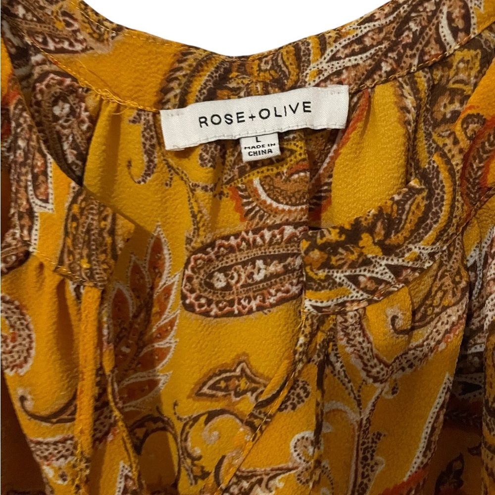Rose + Olive Mustard Paisley Sleeveless Blouse – Size L, Boho Chic Tassel Front